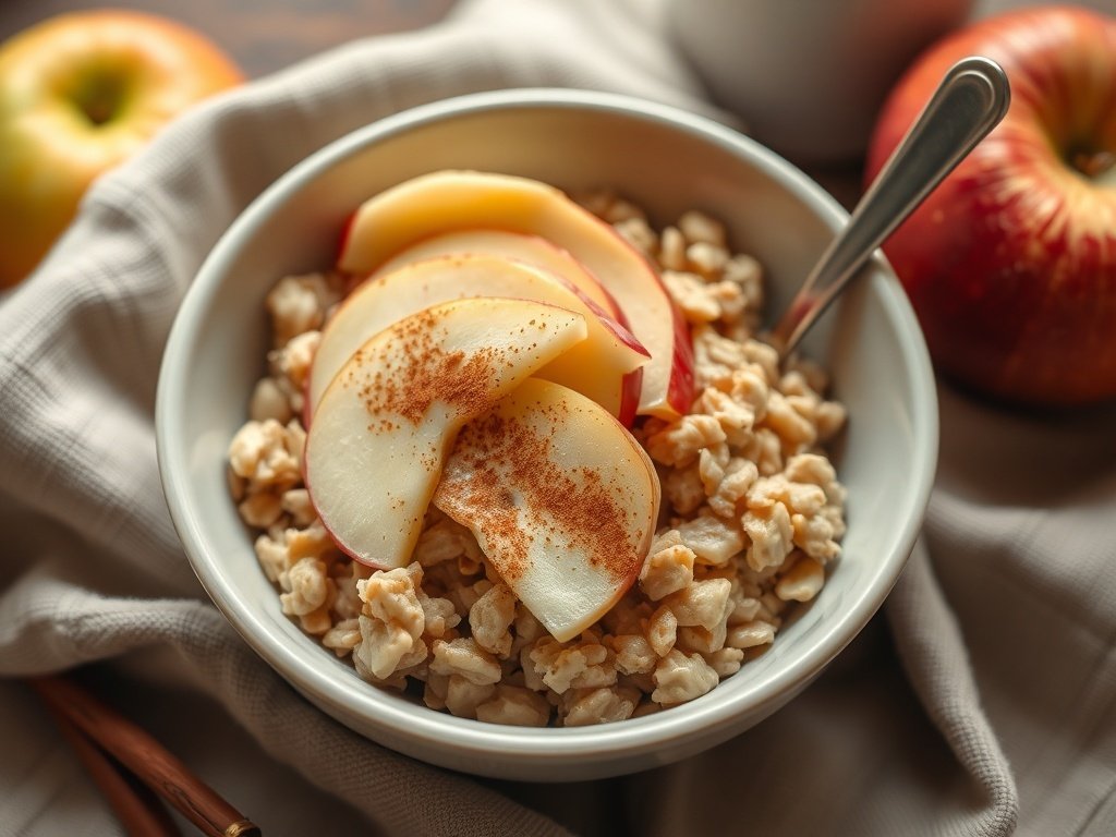 A bowl of apple cinnamon oatmeal topped with apple slices and cinnamon, with apples in the background.