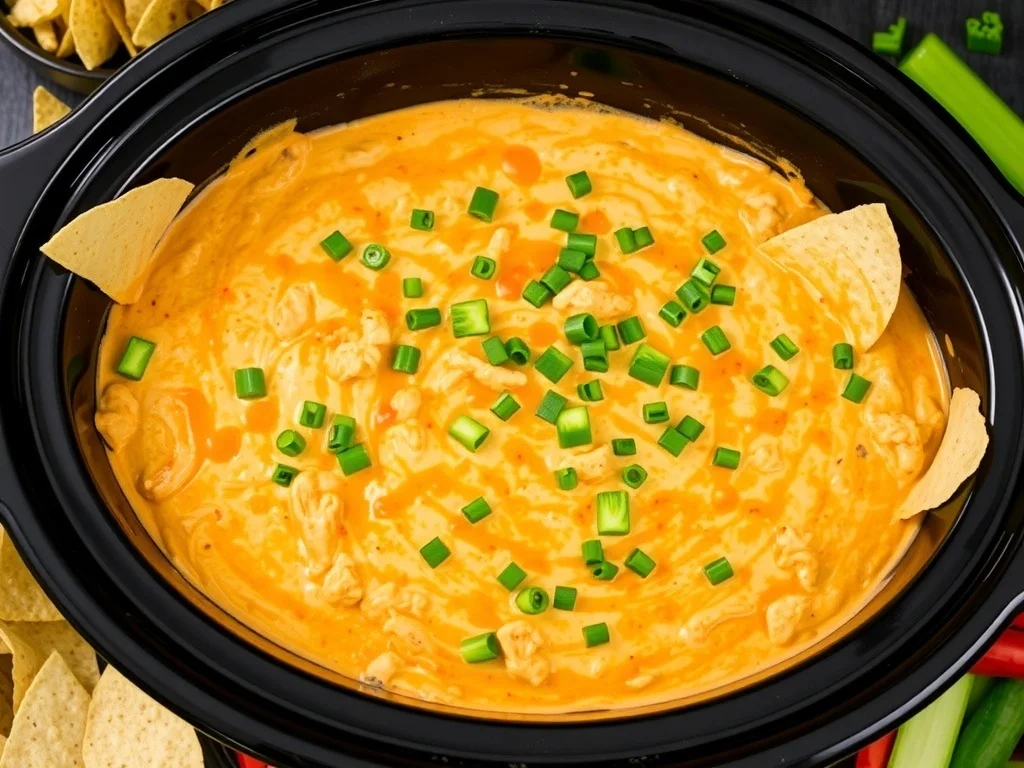 A bowl of creamy buffalo chicken dip in a slow cooker, surrounded by chips and fresh vegetables.