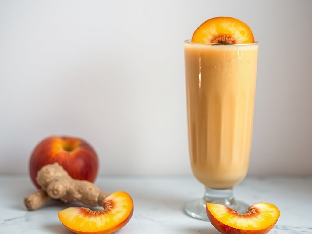 A refreshing Ginger Peach Wellness Smoothie in a tall glass, garnished with a peach slice, with fresh peaches and ginger root nearby.