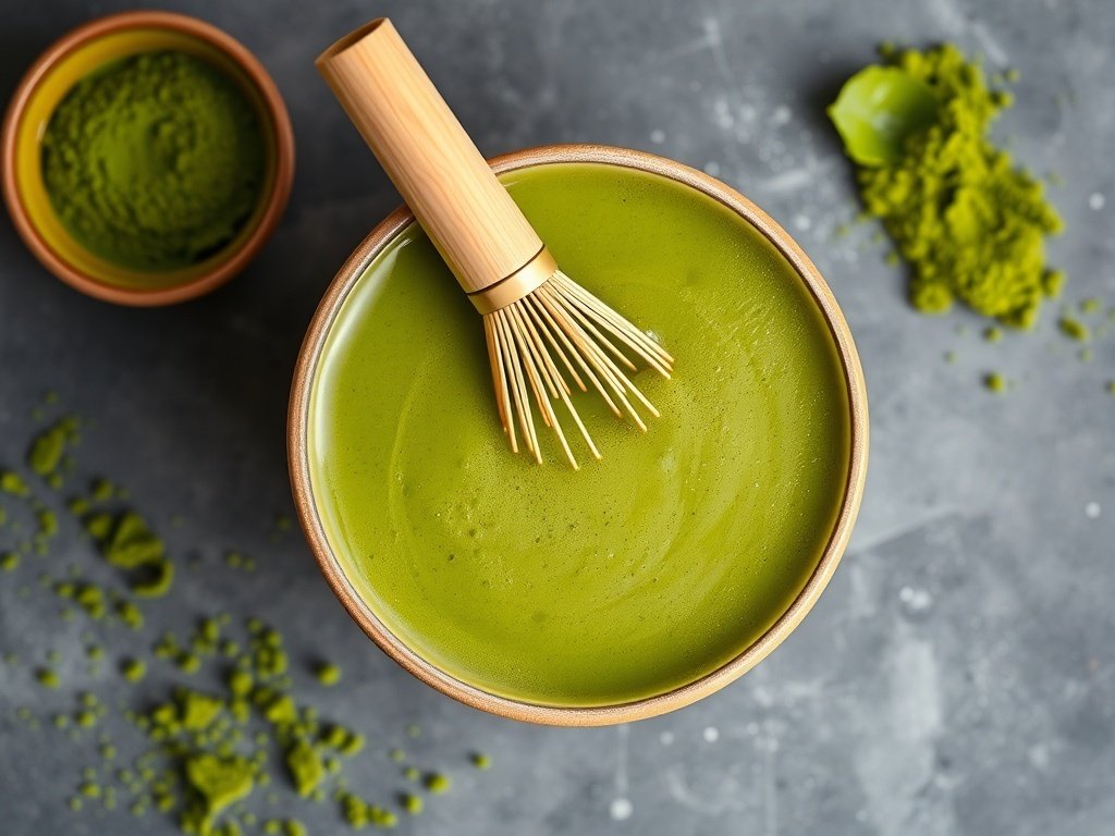 A bowl of matcha green tea smoothie with a whisk and matcha powder beside it.