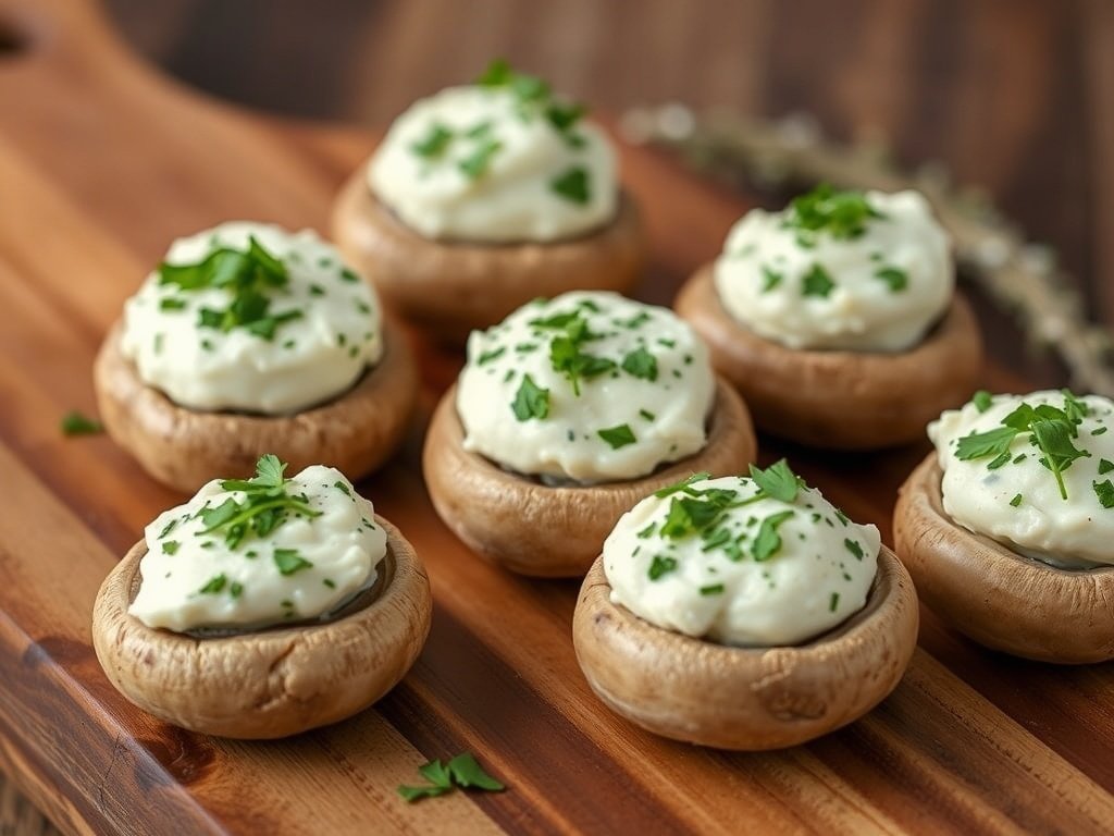 Stuffed mushrooms with cream cheese topped with parsley on a wooden board