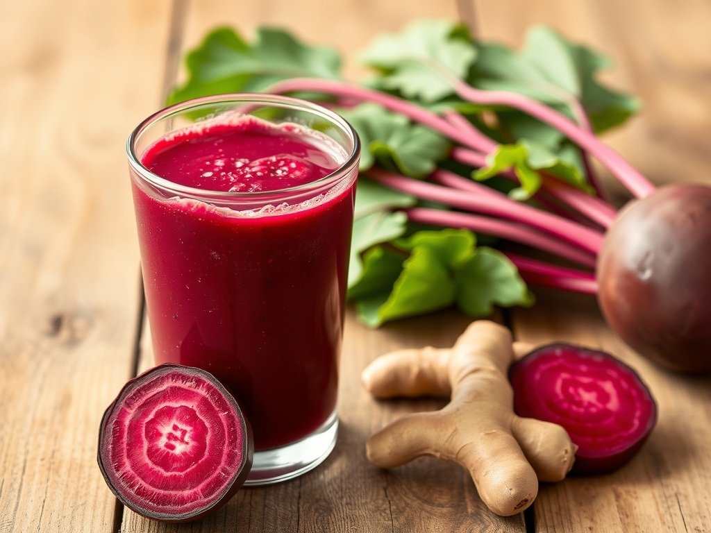 A vibrant beet and ginger smoothie in a glass, accompanied by fresh ginger and a sliced beet on a wooden table.