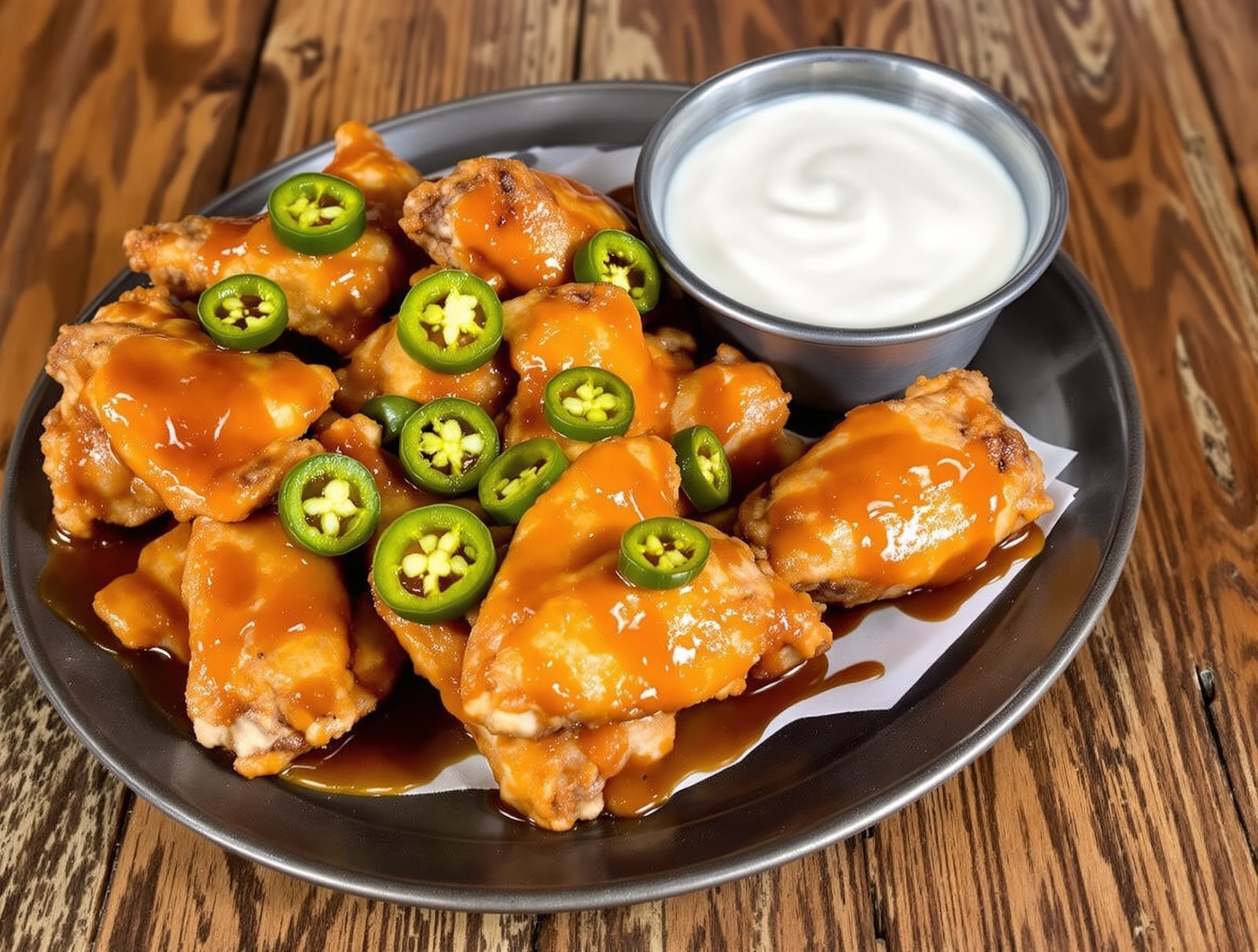 Crispy chicken wings with hot honey jalapeno sauce, garnished with jalapenos, on a wooden table with ranch dressing.