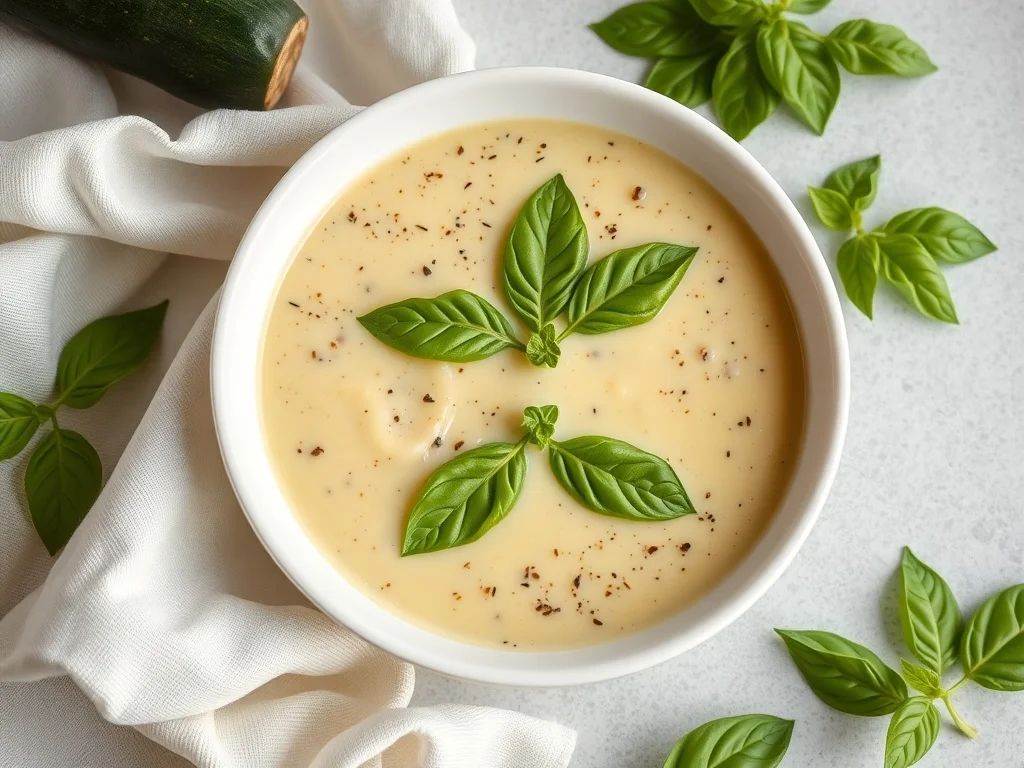 A bowl of creamy zucchini and basil soup garnished with fresh basil leaves.