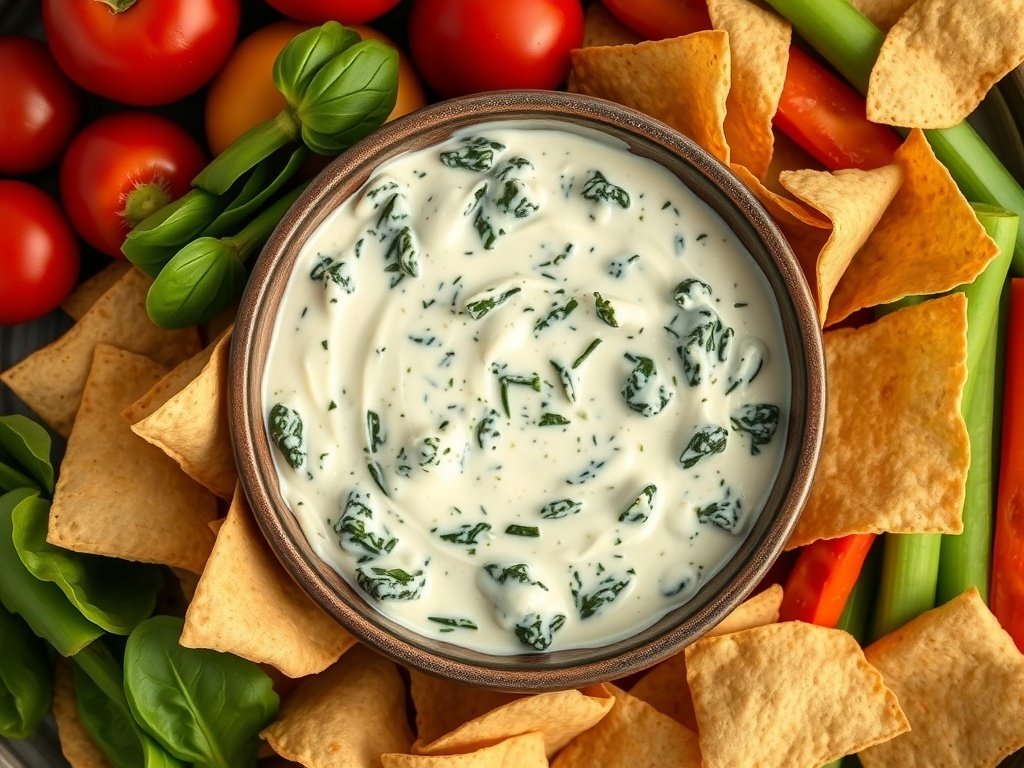 A bowl of spinach and artichoke dip surrounded by tortilla chips and fresh vegetables.