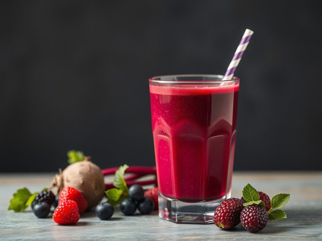 A vibrant beetroot berry smoothie in a glass with a straw, surrounded by fresh berries and a beetroot.