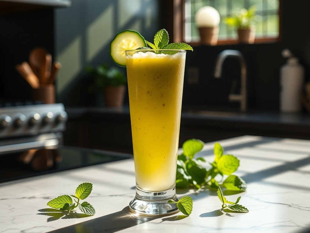 A refreshing cucumber mint smoothie in a tall glass, garnished with a cucumber slice and mint leaves, set against a bright kitchen background.