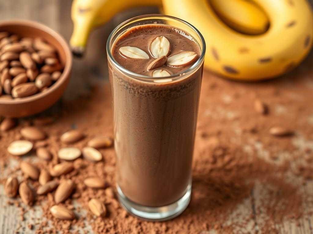 A glass of chocolate banana almond smoothie with almonds and a banana in the background.