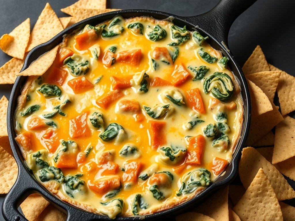 Cheesy spinach and artichoke dip in a cast iron skillet surrounded by tortilla chips.