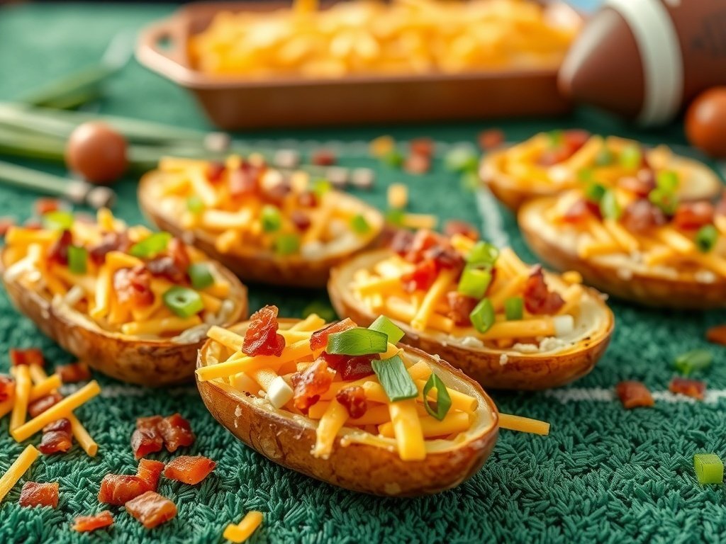 Crispy potato skins topped with cheese, bacon, and green onions on a green football-themed table.
