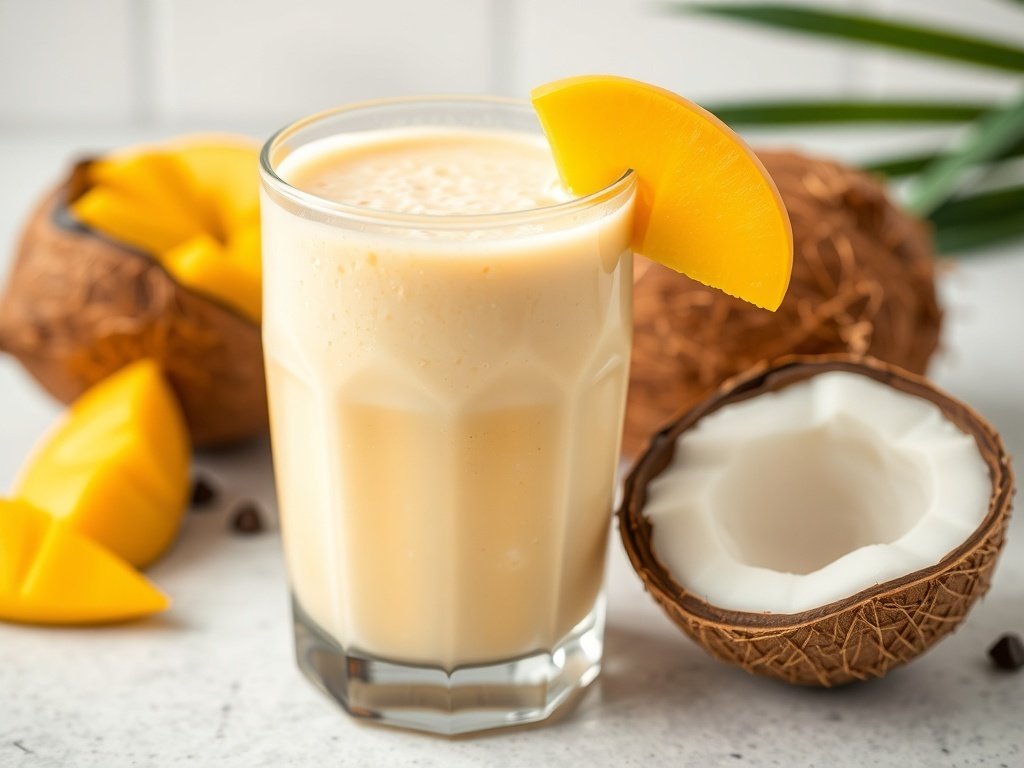A refreshing Tropical Mango Coconut Smoothie in a glass with a slice of mango and a coconut half beside it.