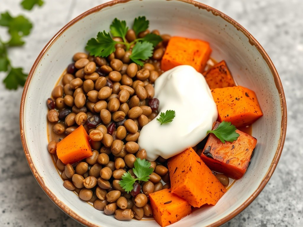 A bowl filled with lentils, roasted sweet potatoes, yogurt, and cilantro.