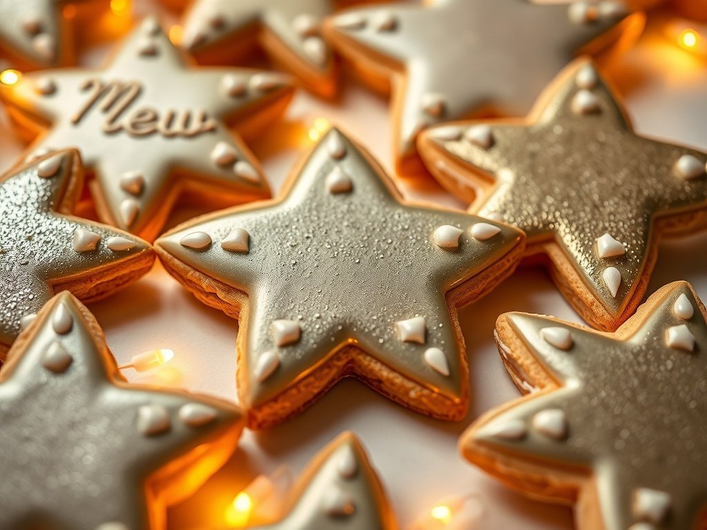 Star-shaped cookies decorated with metallic icing and white accents.