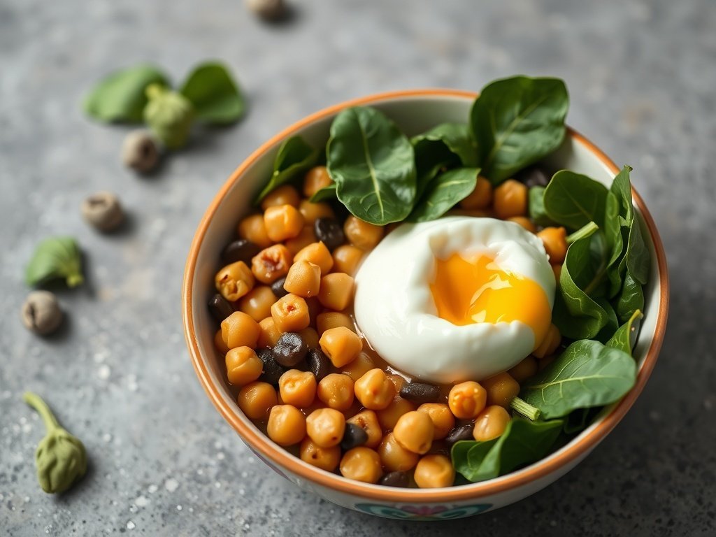 A bowl of chickpeas, spinach, and a poached egg