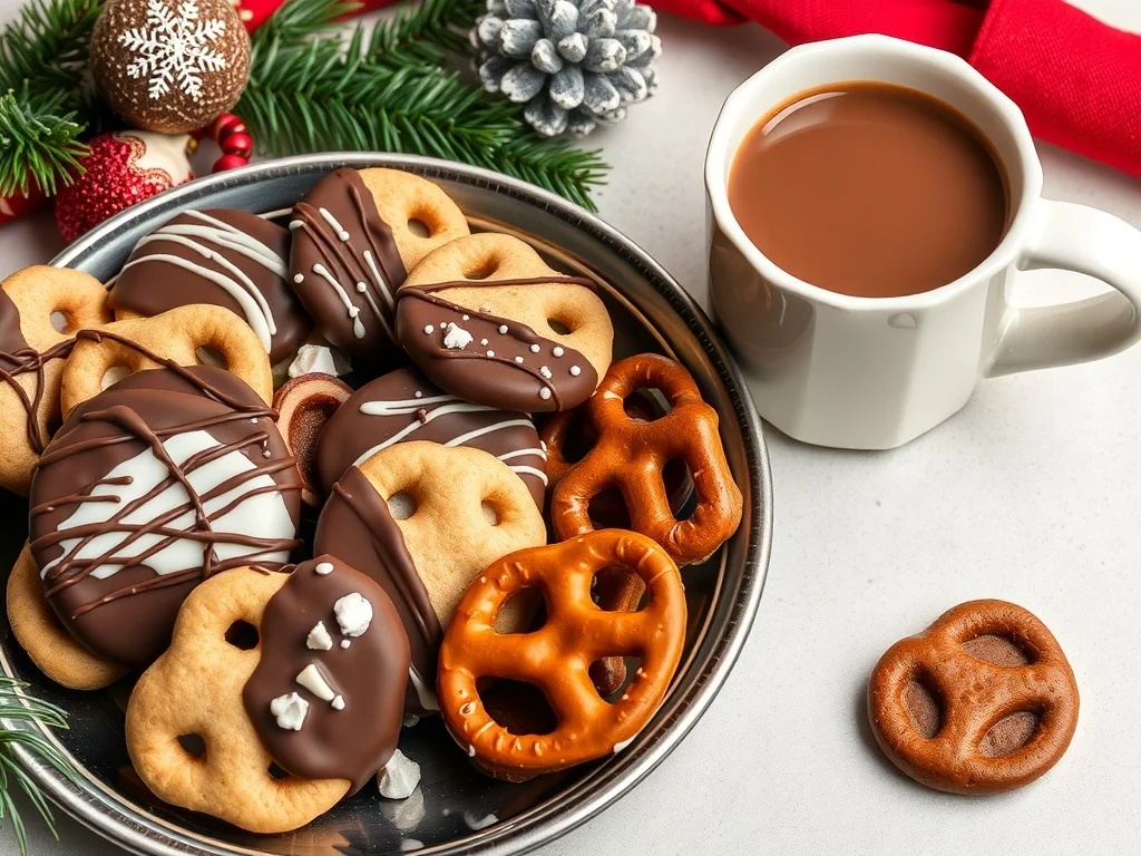 A plate of chocolate dipped treats including pretzels and cookies, with a cup of hot chocolate beside it.