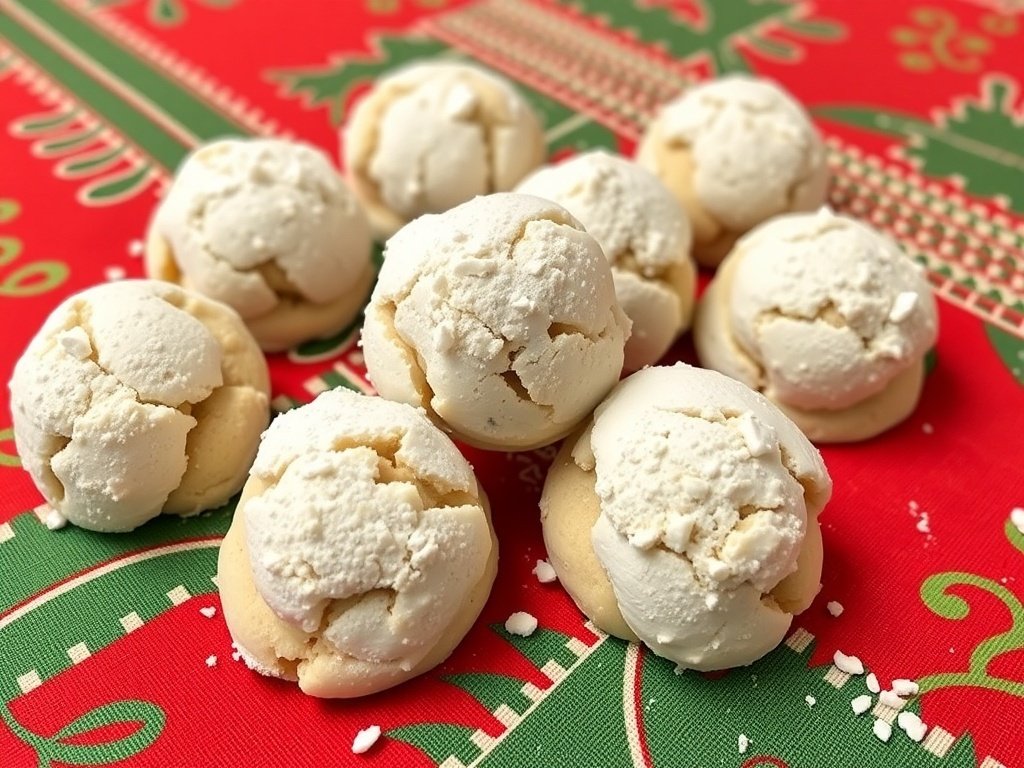 A plate of Peanut Butter Snowball Cookies dusted with powdered sugar on a festive red and green tablecloth.