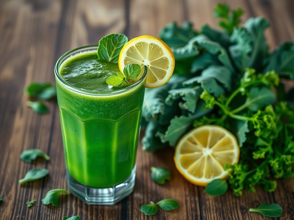 A refreshing green smoothie in a glass with lemon and mint garnish, surrounded by fresh greens.