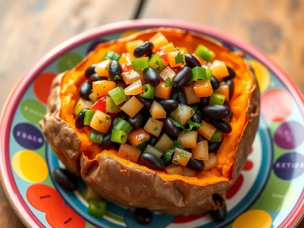Baked sweet potato topped with black bean salsa, diced tomatoes, and cilantro on a colorful plate.