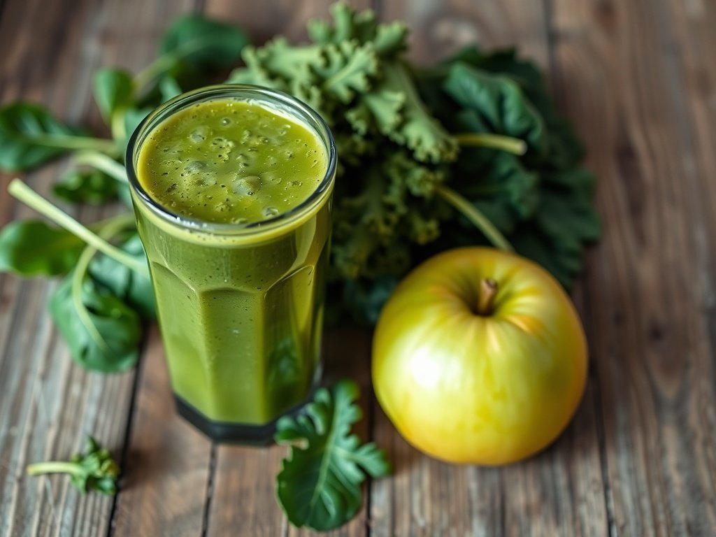 A green detox smoothie in a glass with leafy greens and an apple beside it.