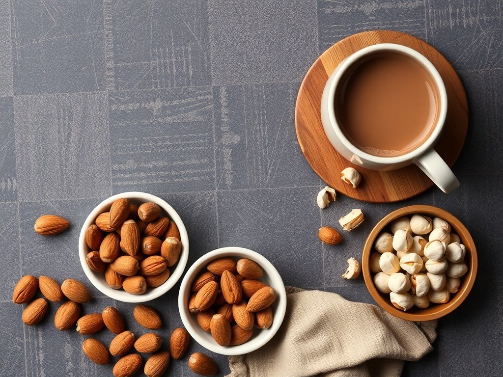 A cozy hot chocolate station with a variety of nuts and a cup of hot chocolate.