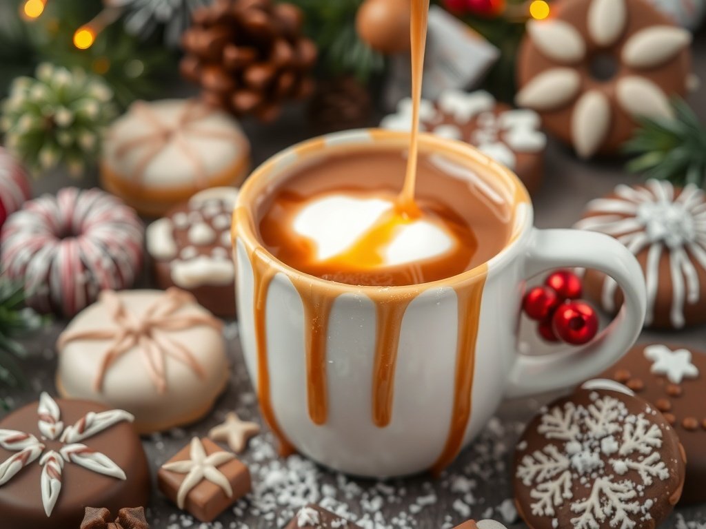 A cup of hot chocolate with salted caramel drizzle, surrounded by festive cookies and decorations.
