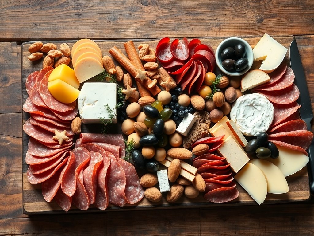 A beautifully arranged charcuterie board with various meats, cheeses, nuts, and olives.