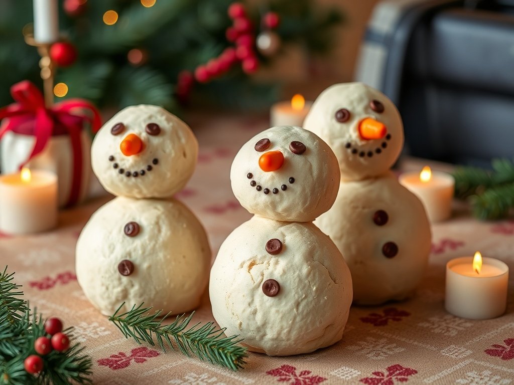 Three snowman-shaped sourdough rolls with chocolate chip eyes and candy corn noses, surrounded by festive decorations.