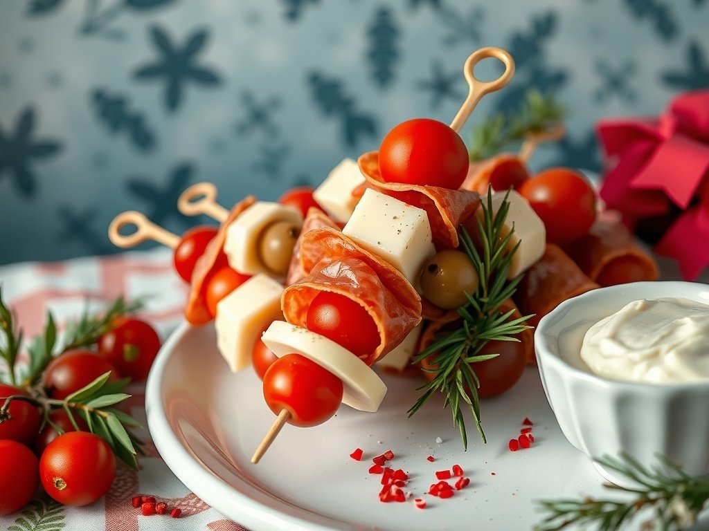 Holiday antipasto skewers with cherry tomatoes, cheese, olives, and prosciutto on a plate