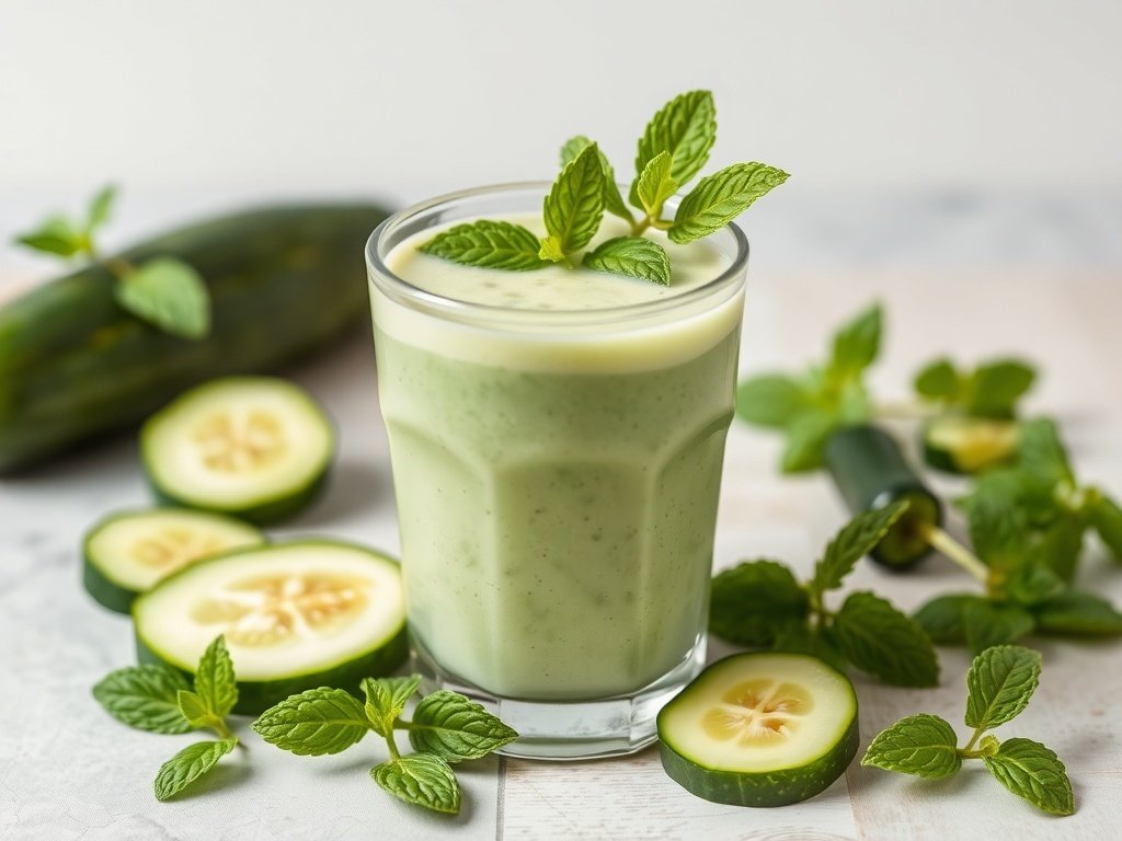 A refreshing cucumber mint smoothie in a glass, garnished with mint leaves, surrounded by cucumber slices.