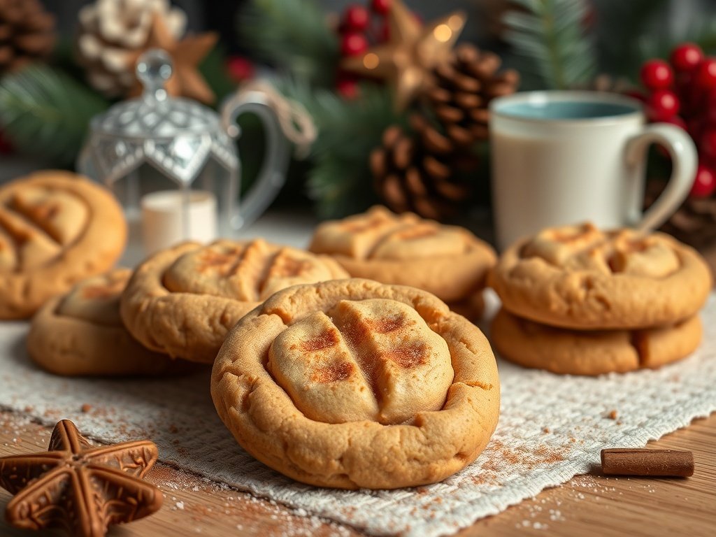 A plate of spiced peanut butter cookies with cinnamon, decorated for Christmas.