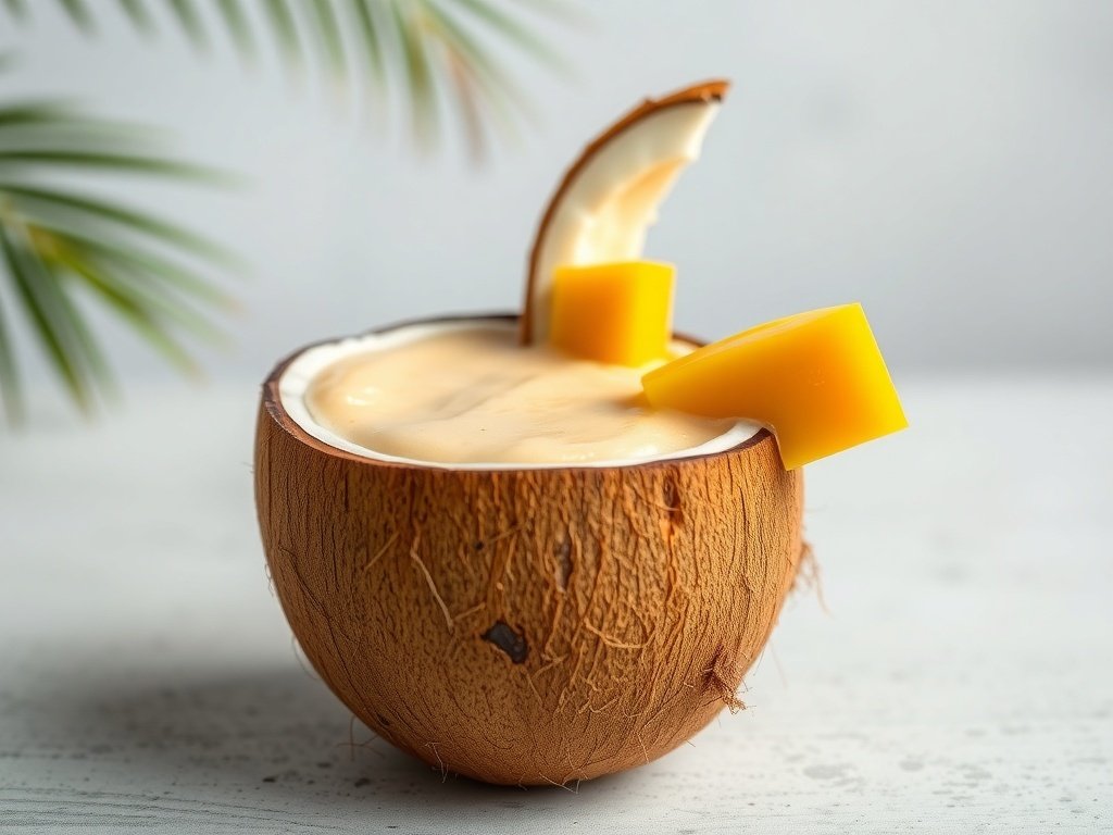 A smoothie made with mango and coconut served in a coconut shell.
