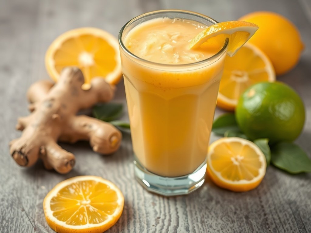 A refreshing Spicy Ginger Citrus Smoothie in a glass, surrounded by fresh lemons, limes, and ginger root.