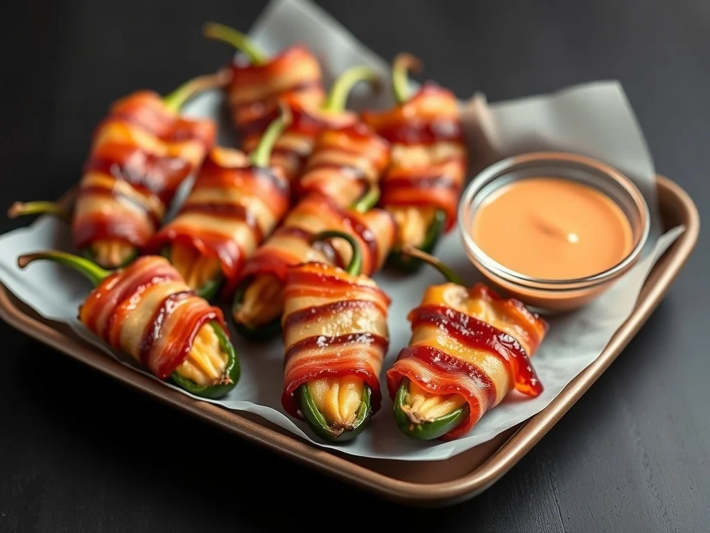 A plate of crispy bacon-wrapped jalapeño poppers with a dipping sauce