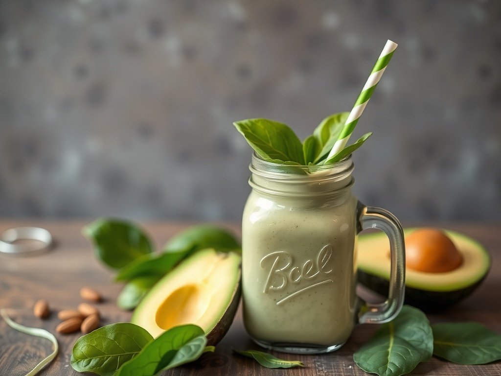 A refreshing avocado spinach protein smoothie in a jar with a striped straw, surrounded by fresh spinach and avocado halves.