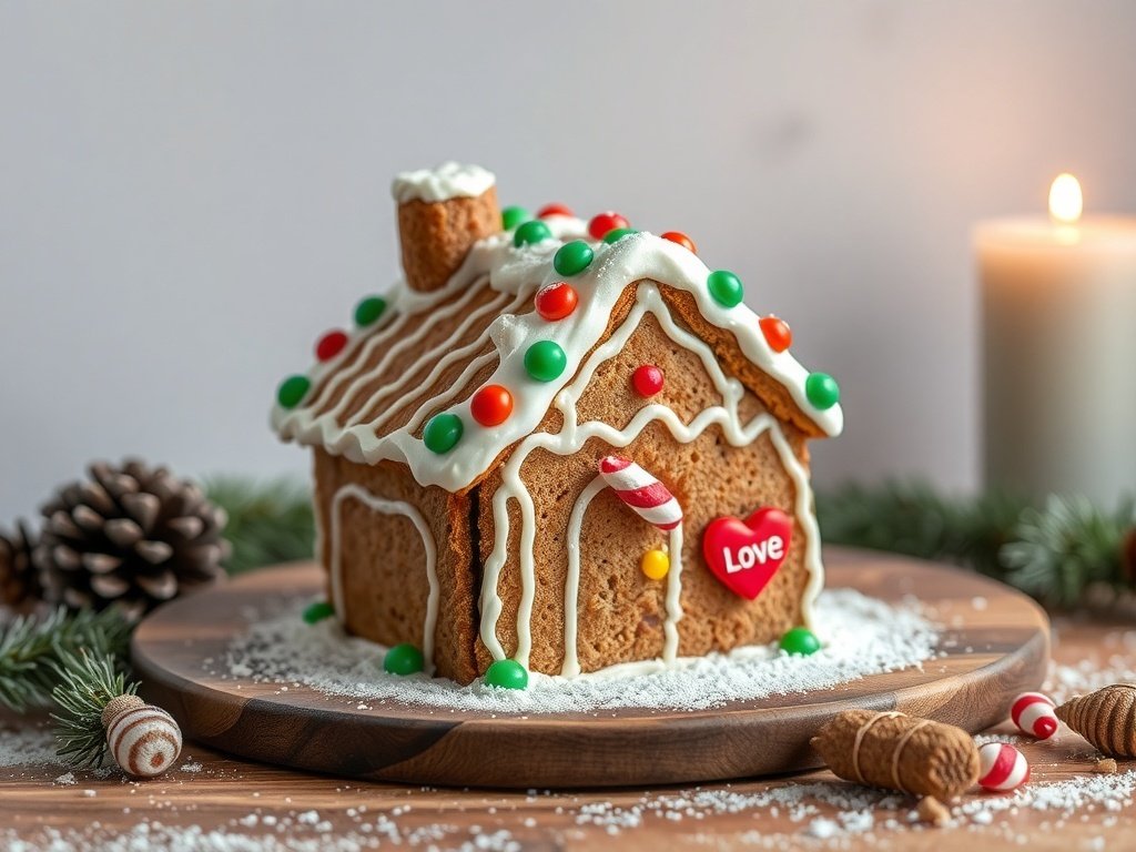 A beautifully decorated gingerbread house sourdough loaf with colorful candies and icing.