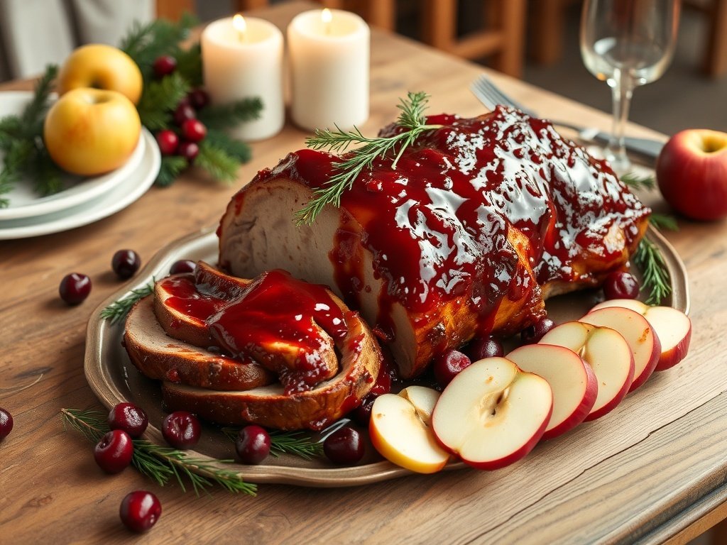A beautifully glazed pork roast with cranberry sauce and apple slices on a wooden table.