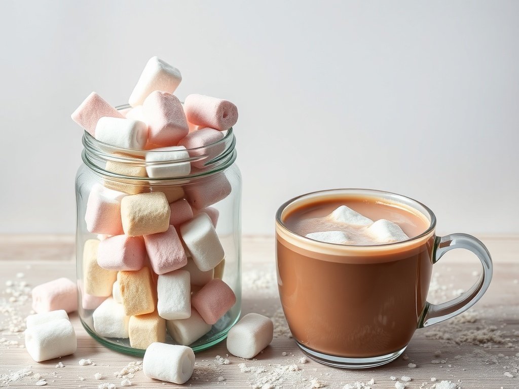 A jar filled with colorful marshmallows next to a cup of hot chocolate topped with marshmallows.