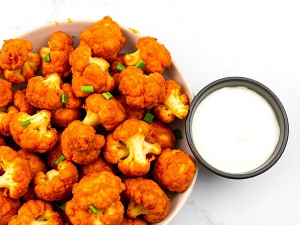 A bowl of buffalo cauliflower bites with a side of ranch dressing.