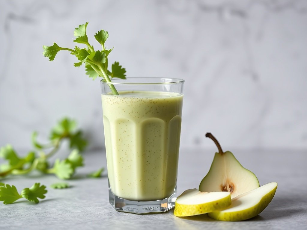 A refreshing celery and pear smoothie in a glass, garnished with a sprig of cilantro, alongside sliced pear.