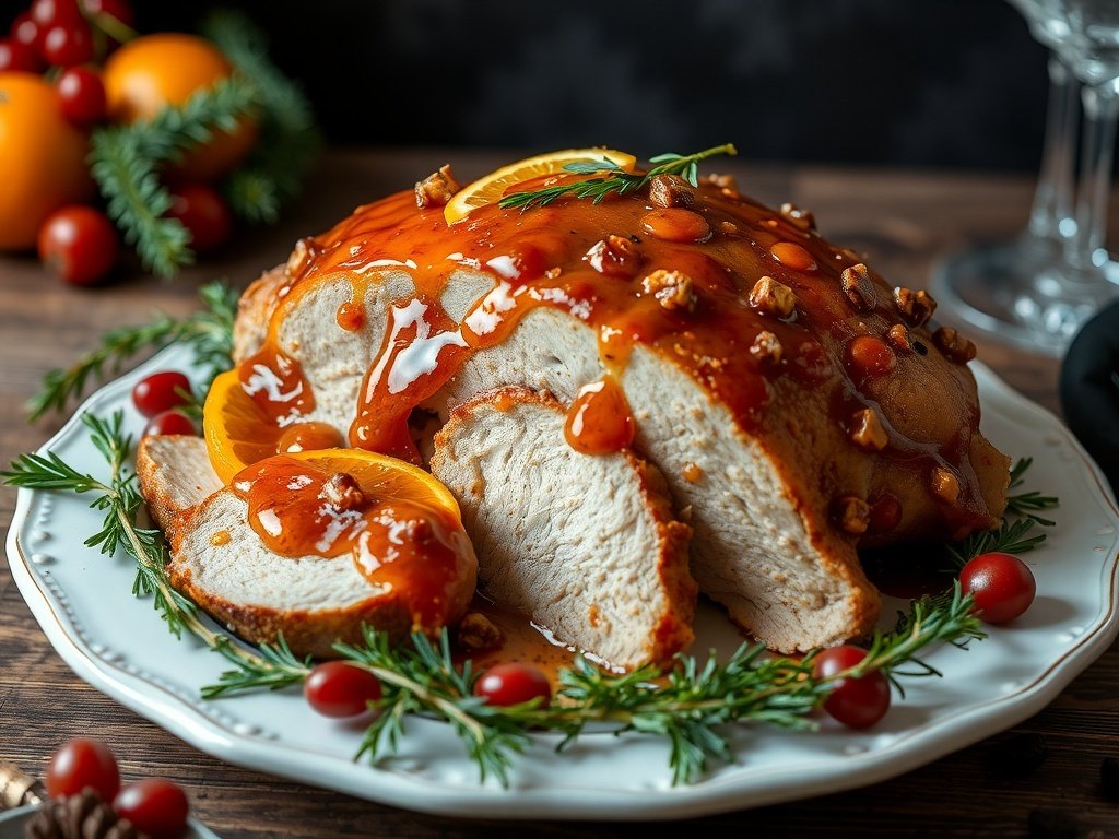 A beautifully glazed pork roast with orange slices and herbs