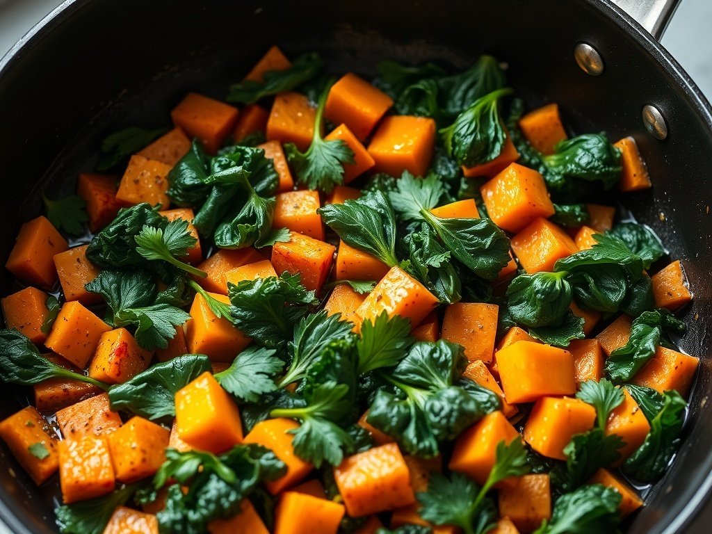 Sweet potato and kale hash in a skillet