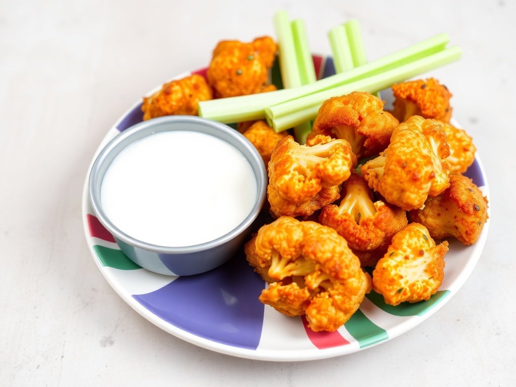 A plate of spicy buffalo cauliflower bites with celery sticks and ranch dressing.