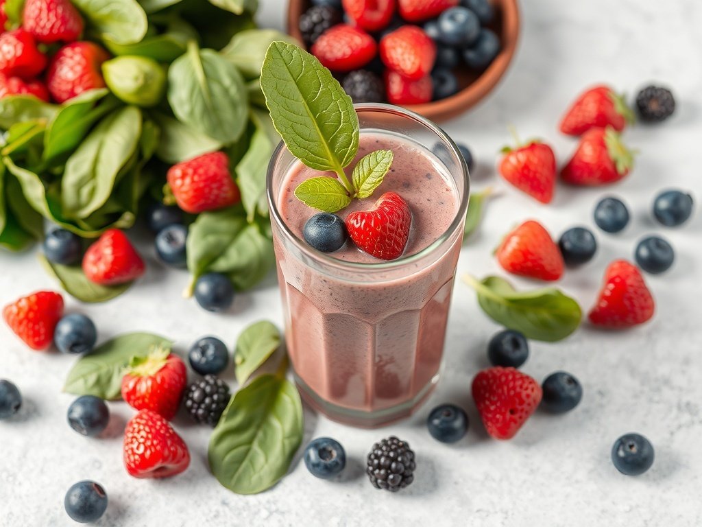 A glass of berry spinach smoothie with fresh berries and spinach leaves around it.