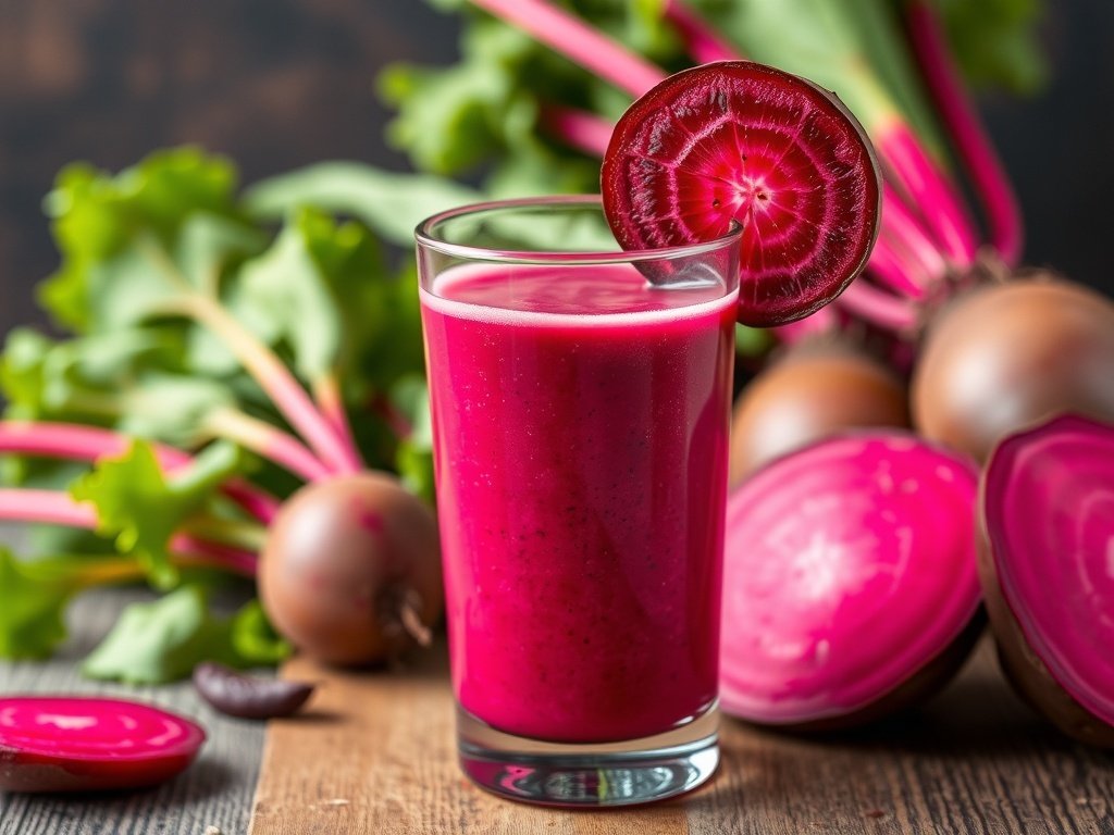 A vibrant beetroot smoothie in a glass, garnished with a slice of beetroot, surrounded by fresh beetroots and greens.