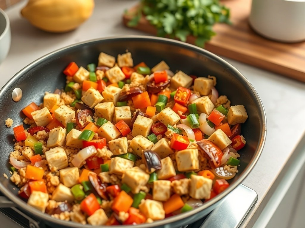 A colorful tofu scramble with bell peppers and onions in a skillet.
