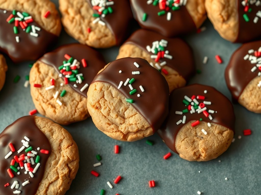 Chocolate-dipped peanut butter cookies decorated with festive sprinkles