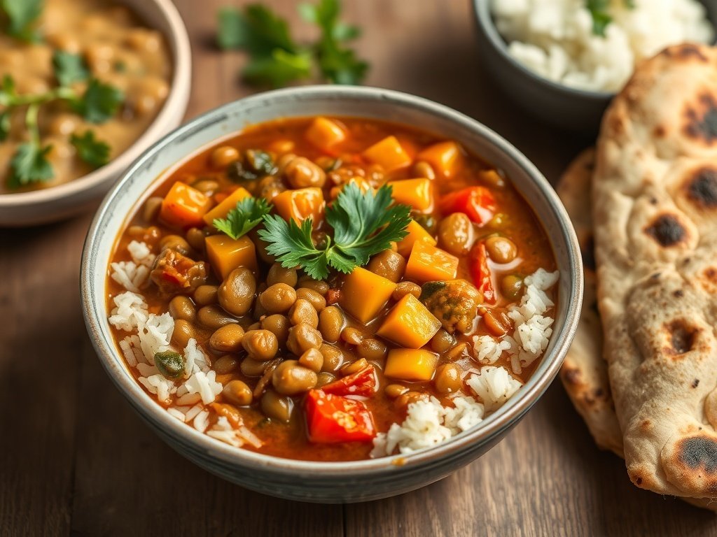 A bowl of lentil and vegetable curry served with rice and naan.