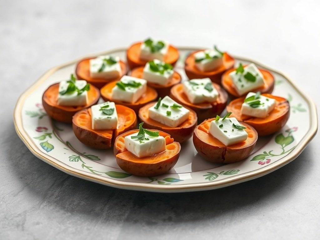 Savory sweet potato bites topped with cheese and herbs on a decorative plate.