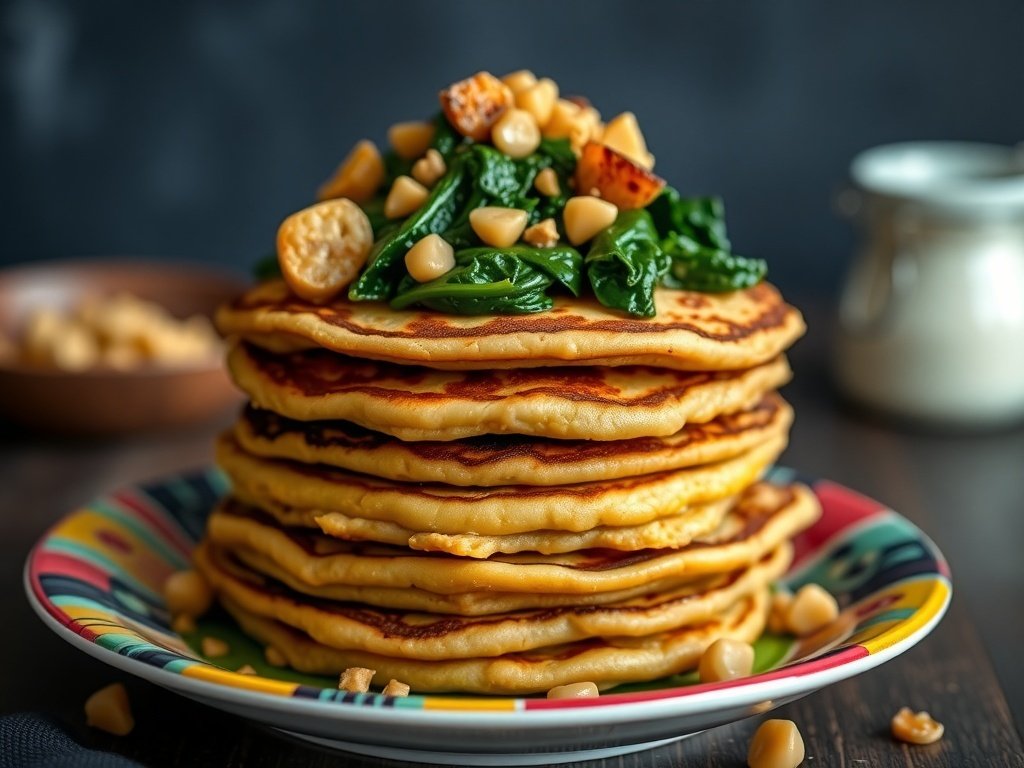A stack of chickpea flour pancakes topped with spinach and chickpeas on a colorful plate.
