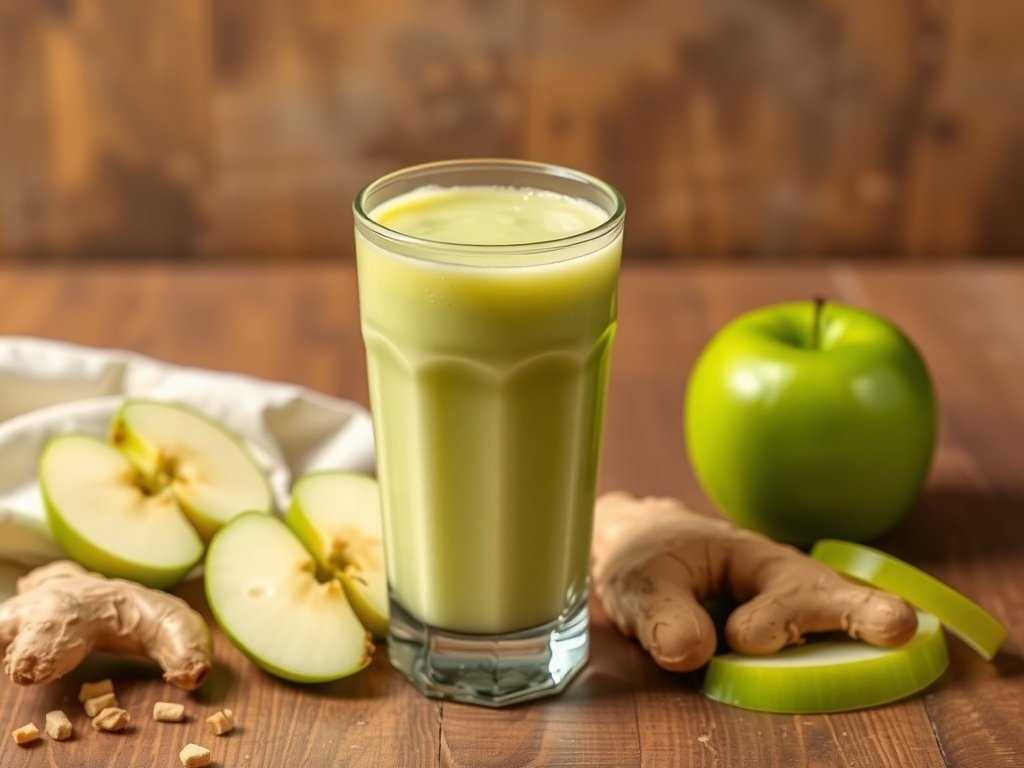 A refreshing green smoothie made with green apples and ginger, served in a glass with apple slices and ginger root beside it.
